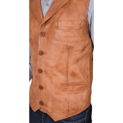 Mens Leather Buttoned Waistcoat Gilet Calvin Tan - genuine leather vest in tan with three outer pockets