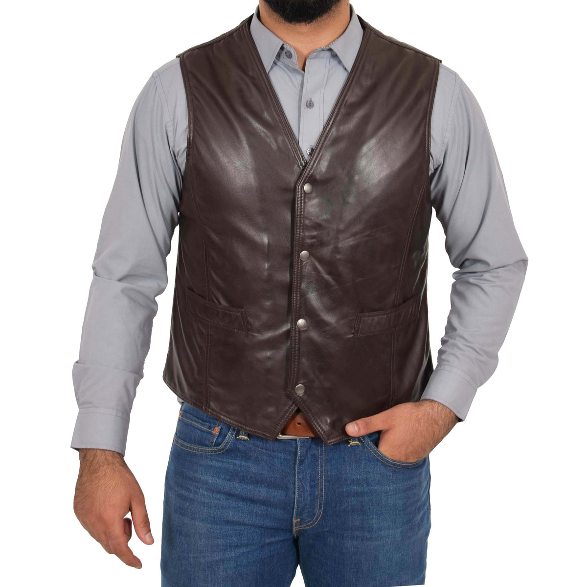 Mens Leather Traditional Waistcoat Petrelli Brown - genuine leather vest in brown with two outer pockets