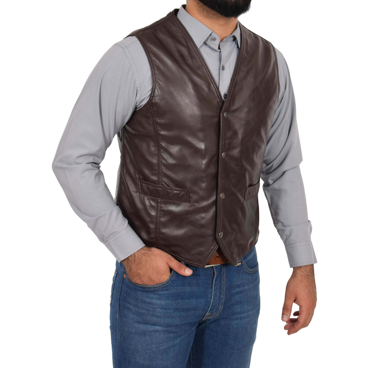 Mens Leather Traditional Waistcoat Petrelli Brown - genuine leather vest in brown with two outer pockets
