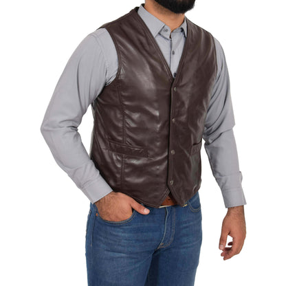 Mens Leather Traditional Waistcoat Petrelli Brown - genuine leather vest in brown with two outer pockets