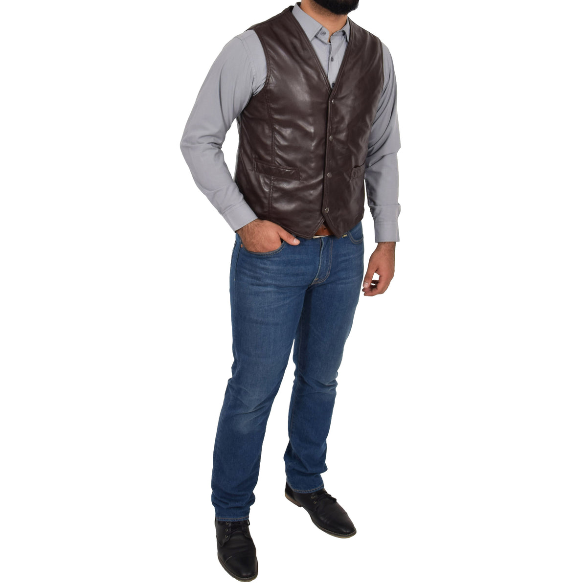 Mens Leather Traditional Waistcoat Petrelli Brown - genuine leather vest in brown with two outer pockets