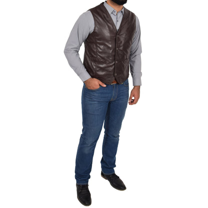 Mens Leather Traditional Waistcoat Petrelli Brown - genuine leather vest in brown with two outer pockets