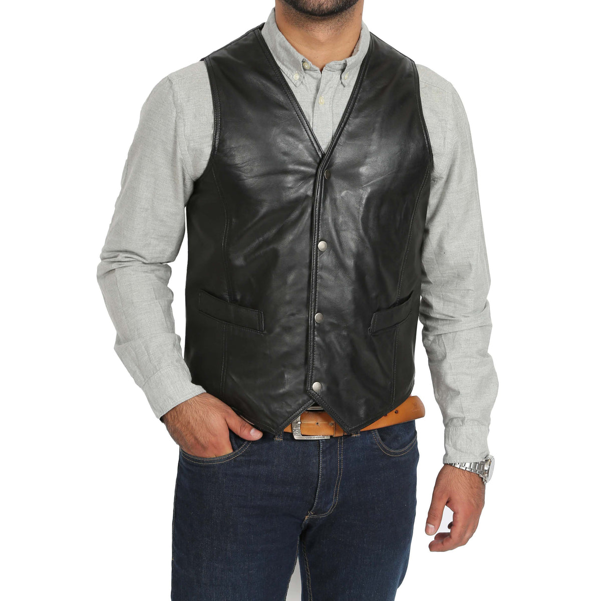 Mens Leather Traditional Waistcoat Petrelli Black - genuine leather vest in black with two outer pockets