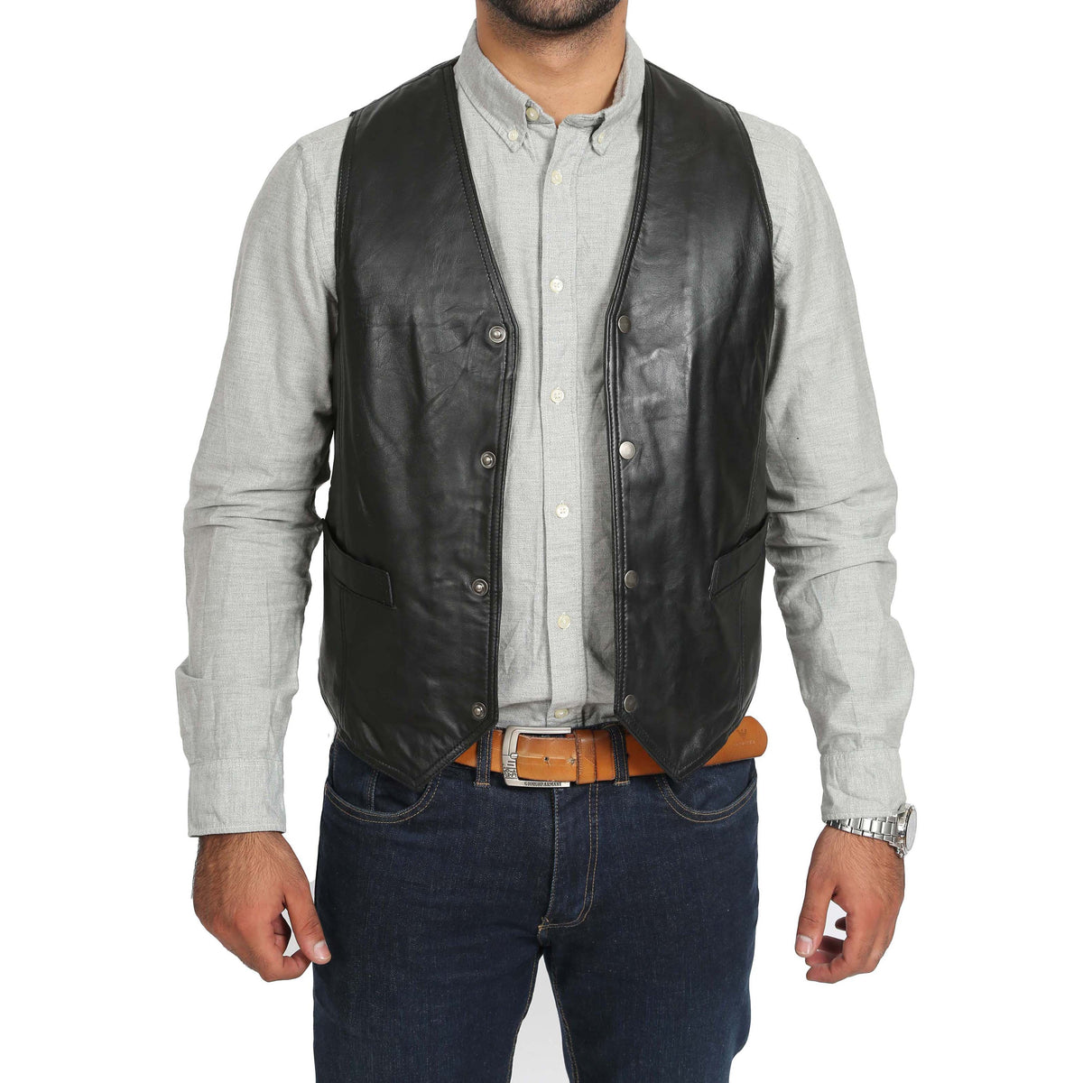 Mens Leather Traditional Waistcoat Petrelli Black - genuine leather vest in black with two outer pockets