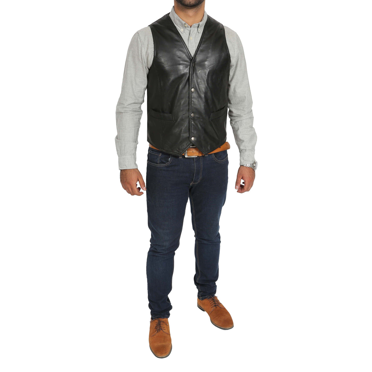 Mens Leather Traditional Waistcoat Petrelli Black - genuine leather vest in black with waistcoat