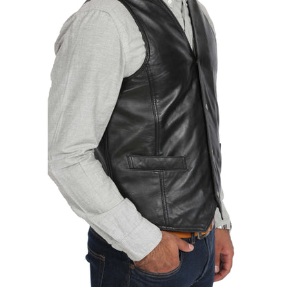 Mens Leather Traditional Waistcoat Petrelli Black - genuine leather vest in black with waistcoat