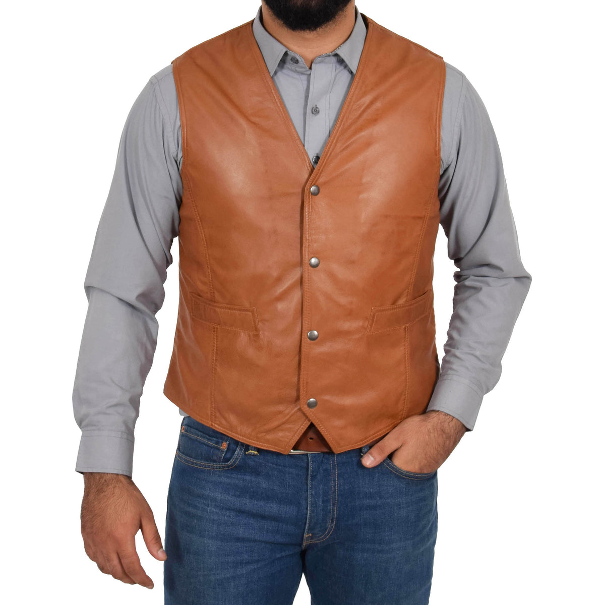 Mens Leather Traditional Waistcoat Petrelli Tan - genuine leather vest in tan with two outer pockets