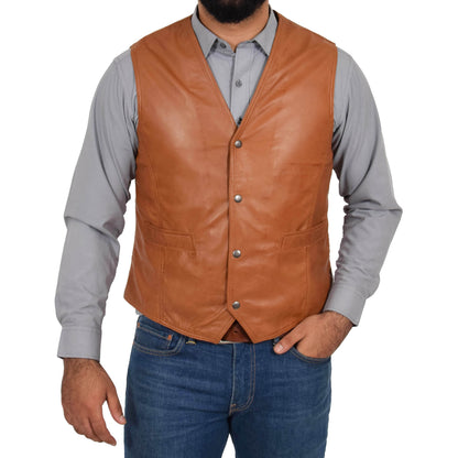 Mens Leather Traditional Waistcoat Petrelli Tan - genuine leather vest in tan with two outer pockets