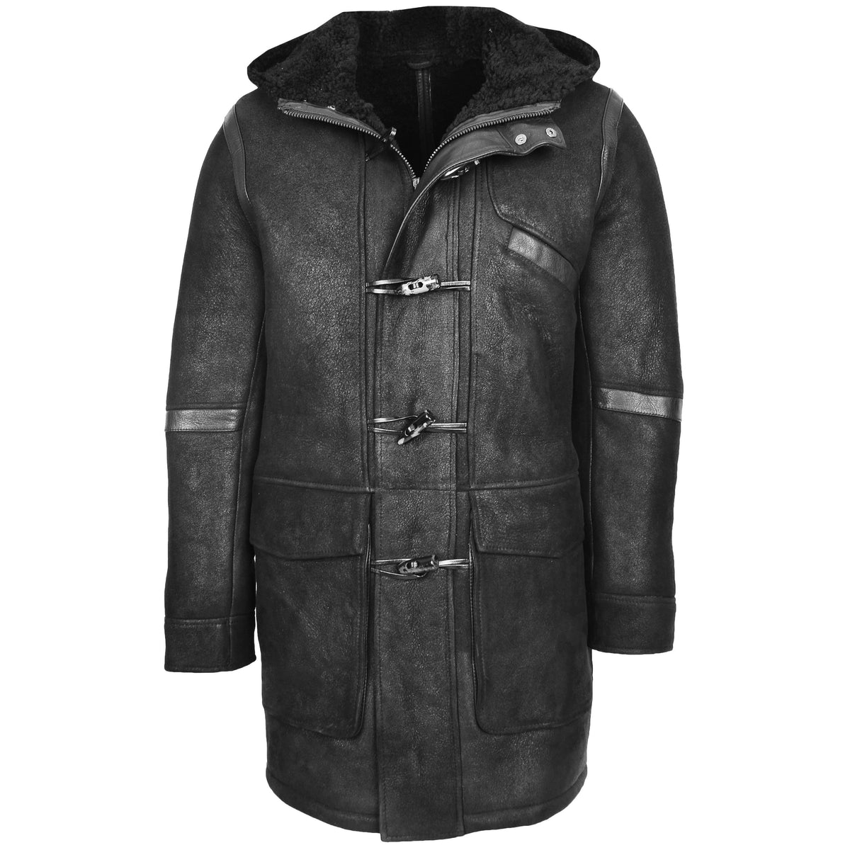 Mens Real Sheepskin Winter Duffle Coat Bain Black - genuine sheepskin coat in black with three outer pockets