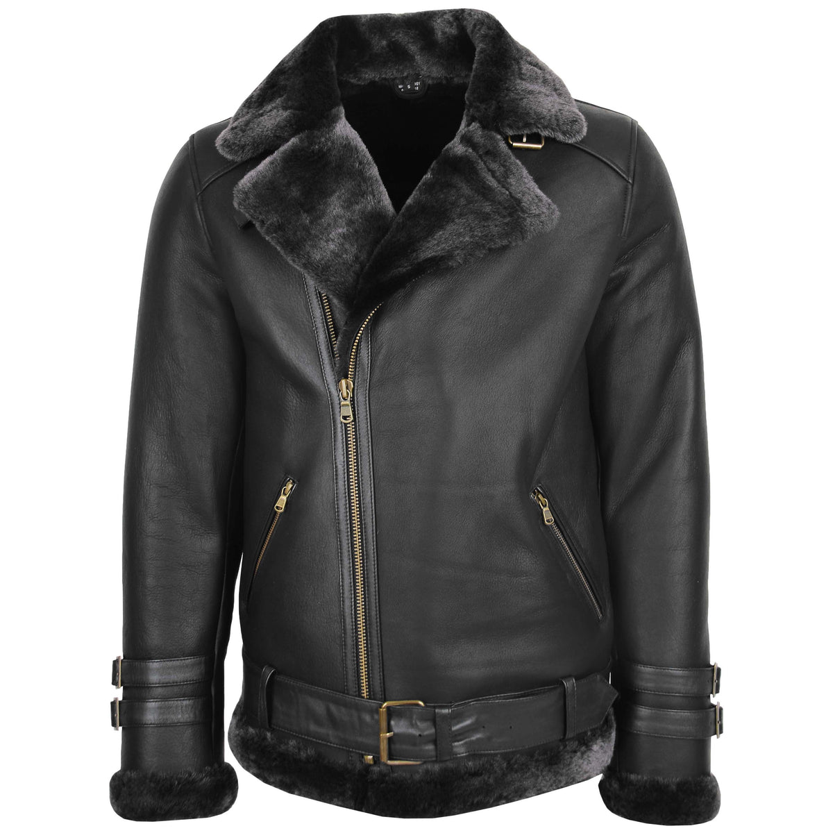 Mens Sheepskin Aviator Jacket Cross Zip Biker Style Alvin Black - genuine sheepskin jacket in black with two outer pockets