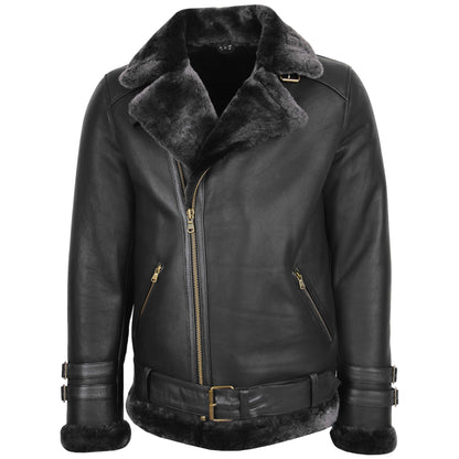 Mens Sheepskin Aviator Jacket Cross Zip Biker Style Alvin Black - genuine sheepskin jacket in black with two outer pockets