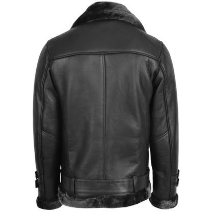 Mens Sheepskin Aviator Jacket Cross Zip Biker Style Alvin Black - genuine sheepskin jacket in black with cross zip