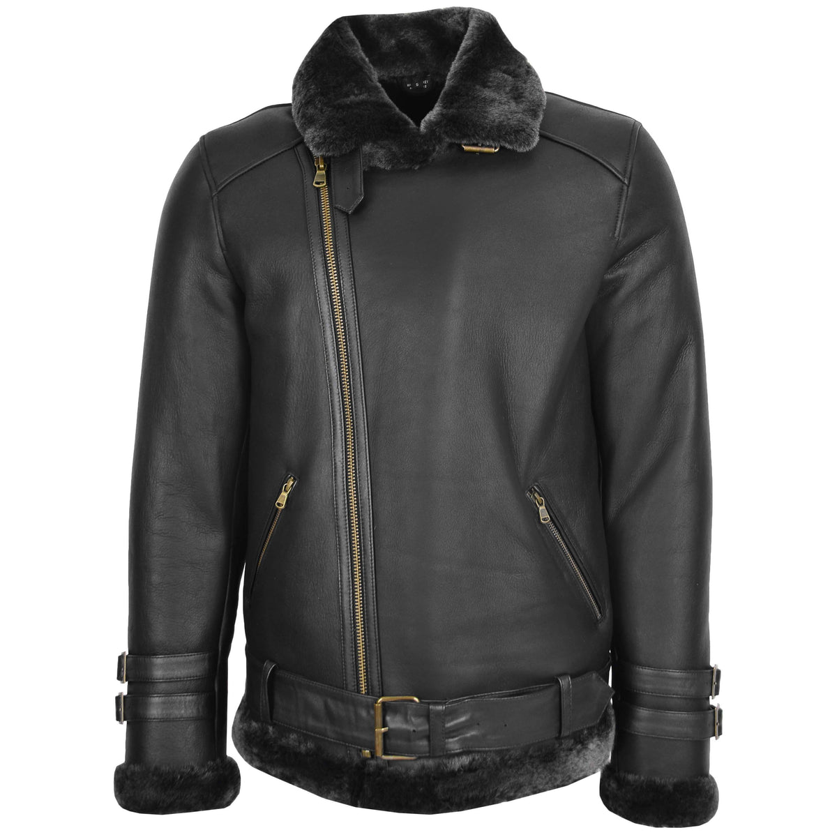 Mens Sheepskin Aviator Jacket Cross Zip Biker Style Alvin Black - genuine sheepskin jacket in black with biker