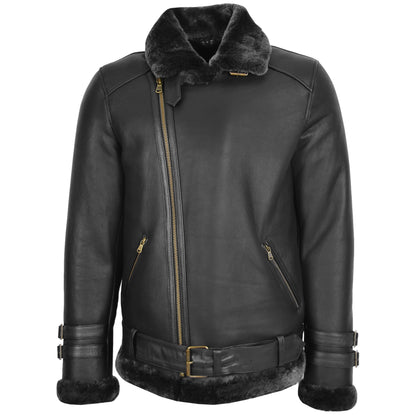 Mens Sheepskin Aviator Jacket Cross Zip Biker Style Alvin Black - genuine sheepskin jacket in black with biker