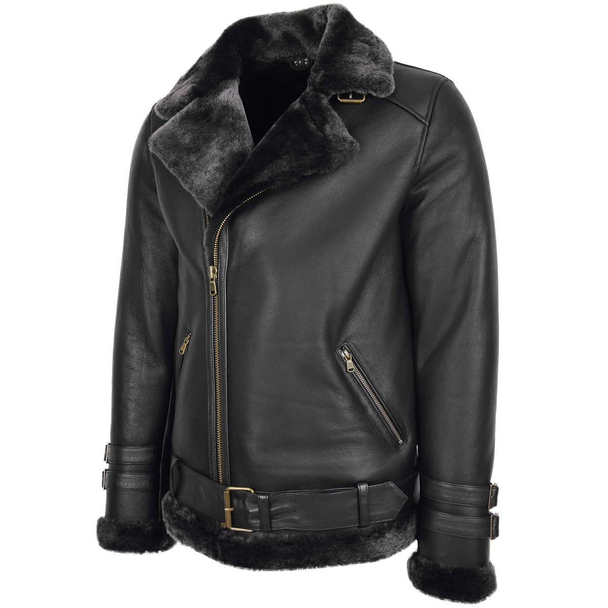 Mens Sheepskin Aviator Jacket Cross Zip Biker Style Alvin Black - genuine sheepskin jacket in black with aviator