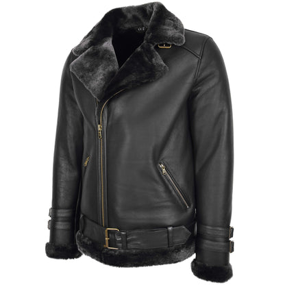 Mens Sheepskin Aviator Jacket Cross Zip Biker Style Alvin Black - genuine sheepskin jacket in black with aviator