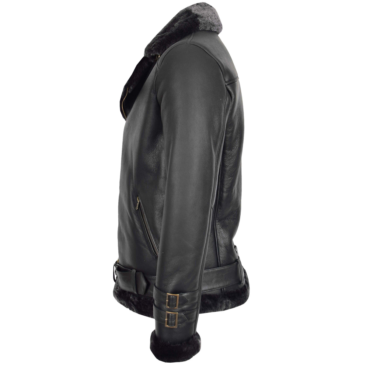 Mens Sheepskin Aviator Jacket Cross Zip Biker Style Alvin Black - genuine sheepskin jacket in black with two outer pockets
