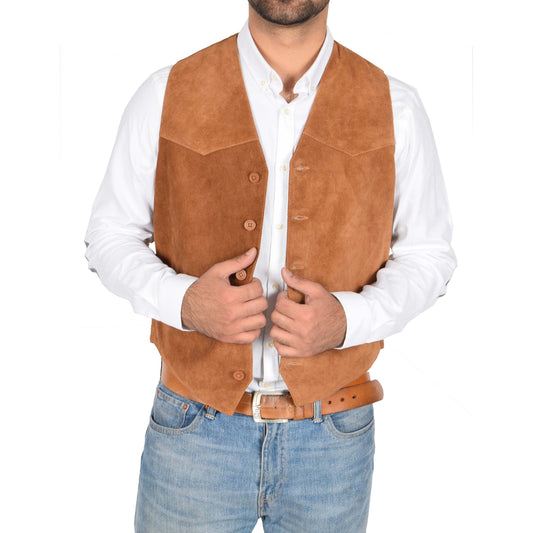 Mens Suede Button Fastening Waistcoat Don Tan - genuine suede vest in tan with two outer pockets