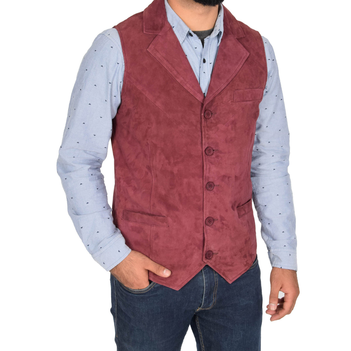 Mens Suede Buttoned Waistcoat Gilet Devin Burgundy - genuine suede vest in burgundy with three outer pockets