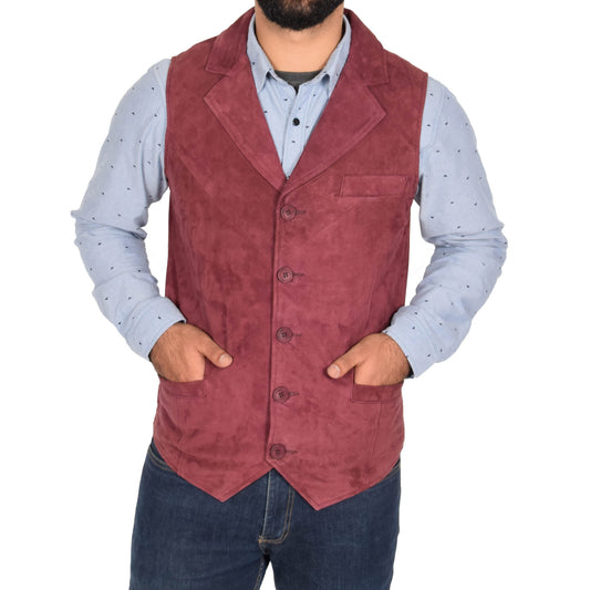 Mens Suede Buttoned Waistcoat Gilet Devin Burgundy - genuine suede vest in burgundy with waistcoat
