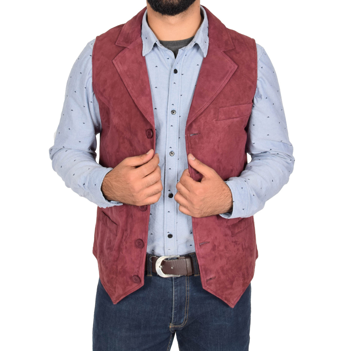 Mens Suede Buttoned Waistcoat Gilet Devin Burgundy - genuine suede vest in burgundy with three outer pockets