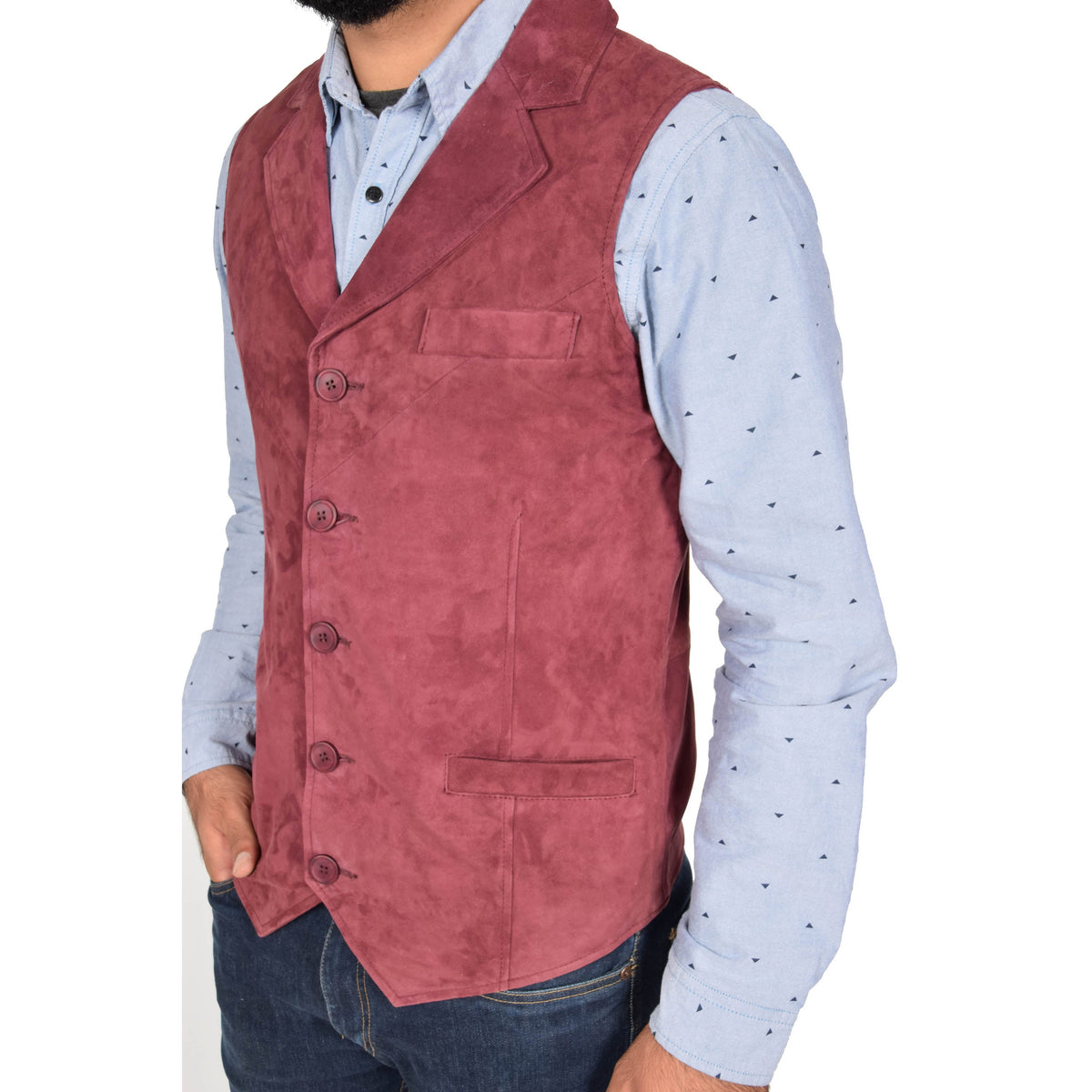 Mens Suede Buttoned Waistcoat Gilet Devin Burgundy - genuine suede vest in burgundy with three outer pockets