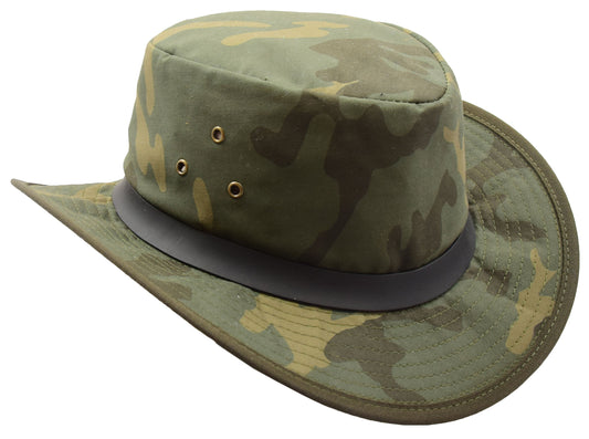 Military Jungle Camouflage Outdoors Hat - genuine leather military hat with 2.2 inches wide brim. 100% cotton.