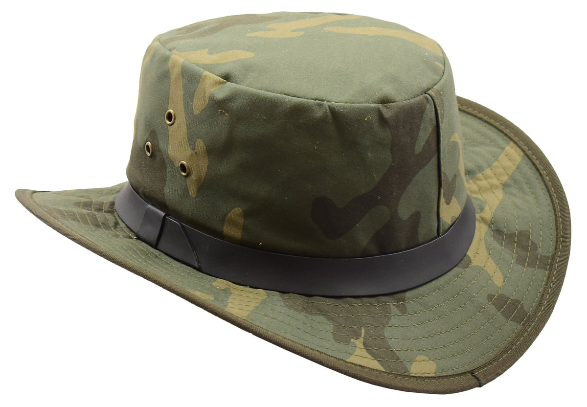 Military Jungle Camouflage Outdoors Hat - genuine leather military hat with 2.2 inches wide brim. 100% cotton.