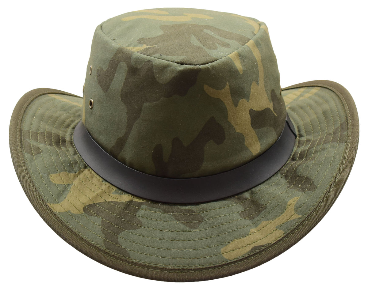 Military Jungle Camouflage Outdoors Hat - genuine leather military hat with 2.2 inches wide brim. 100% cotton.