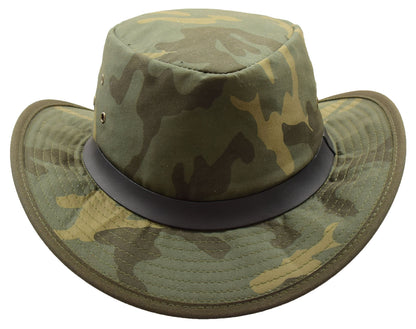 Military Jungle Camouflage Outdoors Hat - genuine leather military hat with 2.2 inches wide brim. 100% cotton.
