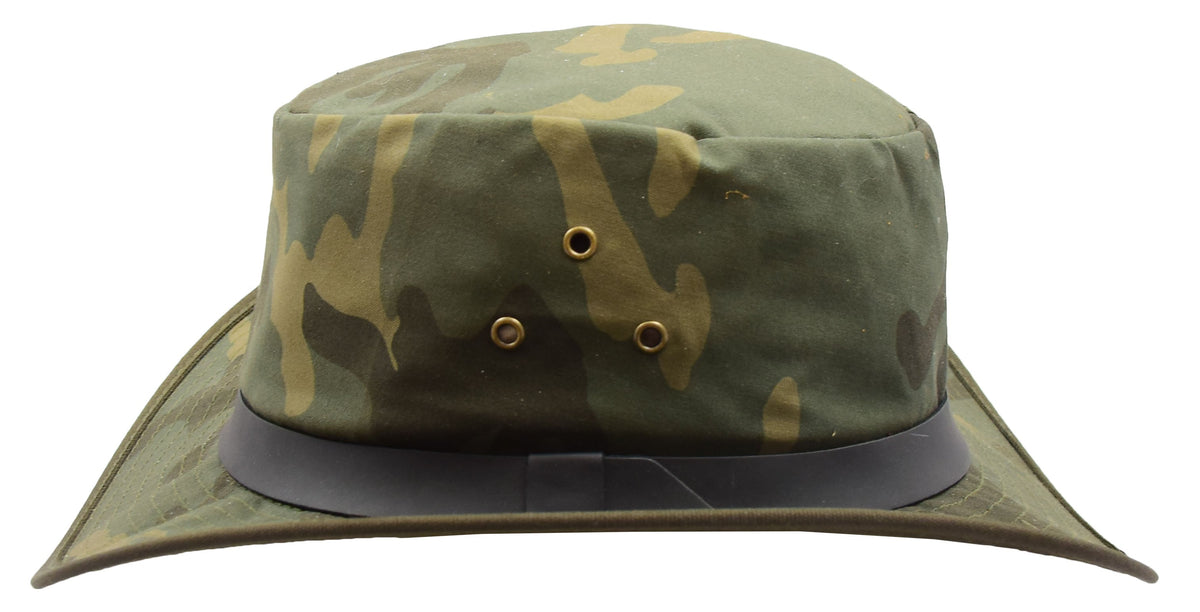 Military Jungle Camouflage Outdoors Hat - genuine leather military hat with 2.2 inches wide brim. 100% cotton.