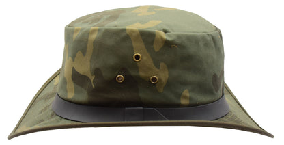 Military Jungle Camouflage Outdoors Hat - genuine leather military hat with 2.2 inches wide brim. 100% cotton.