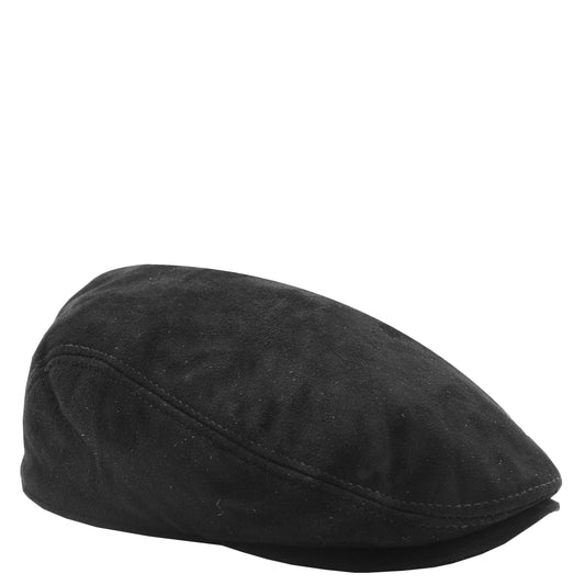 Soft Suede Leather Classic Flat Cap Black - genuine suede flat cap in black with polyester lining
