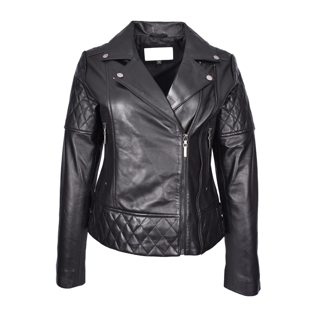 Women's Real Leather Jacket Multi Cross Zip Biker Style Fitted Quilted Nixi Black - genuine leather jacket in black with cross zip