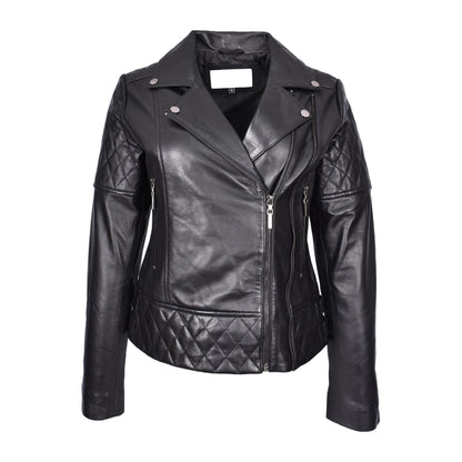 Women's Real Leather Jacket Multi Cross Zip Biker Style Fitted Quilted Nixi Black - genuine leather jacket in black with cross zip