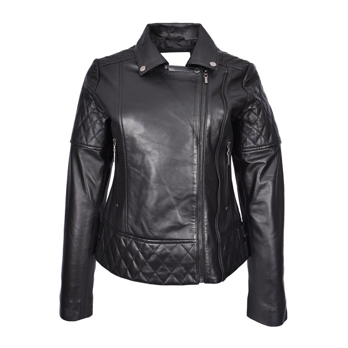Women's Real Leather Jacket Multi Cross Zip Biker Style Fitted Quilted Nixi Black - genuine leather jacket in black with quilted