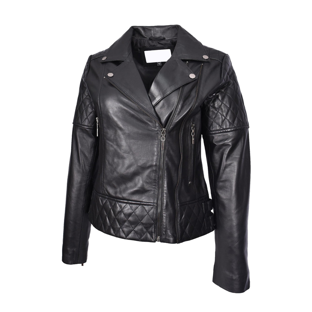 Women's Real Leather Jacket Multi Cross Zip Biker Style Fitted Quilted Nixi Black - genuine leather jacket in black with fitted