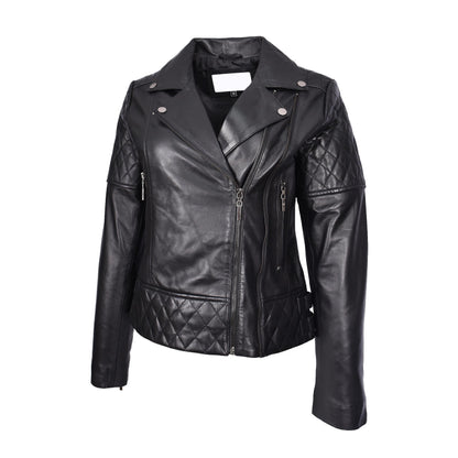 Women's Real Leather Jacket Multi Cross Zip Biker Style Fitted Quilted Nixi Black - genuine leather jacket in black with fitted