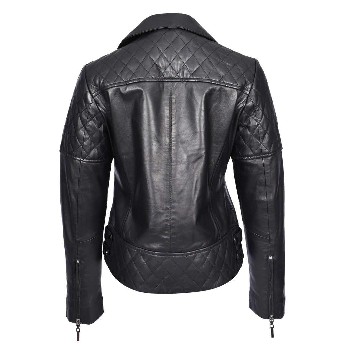 Women's Real Leather Jacket Multi Cross Zip Biker Style Fitted Quilted Nixi Black - genuine leather jacket in black with biker
