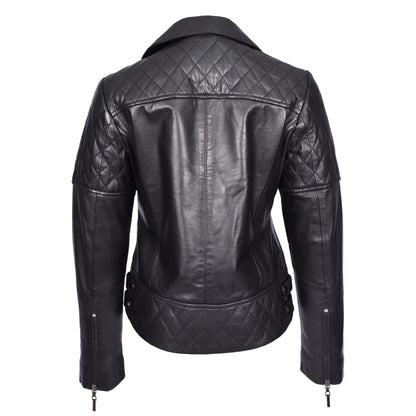 Women's Real Leather Jacket Multi Cross Zip Biker Style Fitted Quilted Nixi Black - genuine leather jacket in black with biker