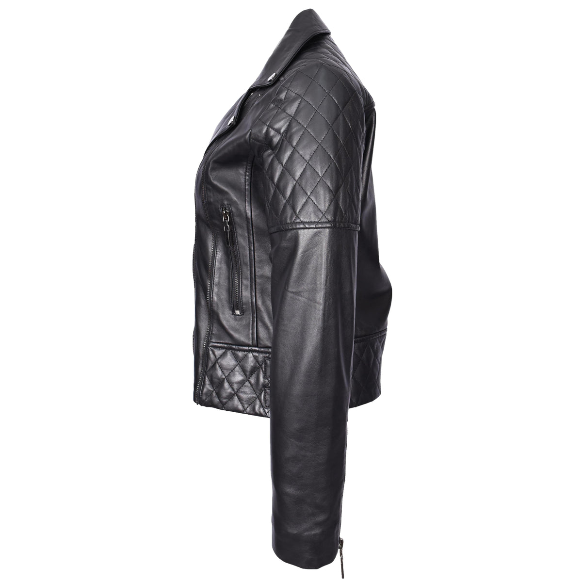 Women's Real Leather Jacket Multi Cross Zip Biker Style Fitted Quilted Nixi Black - genuine leather jacket in black with cross zip