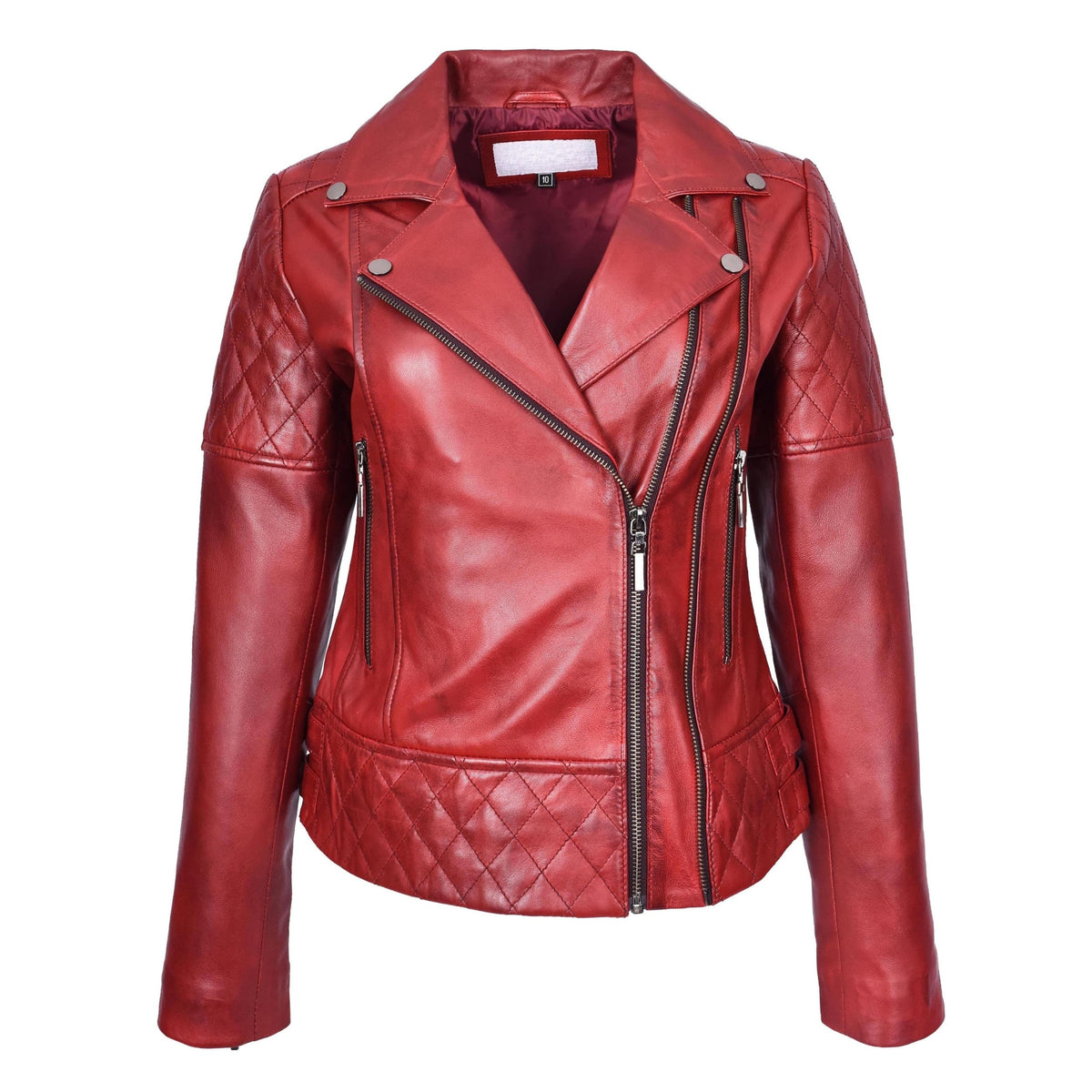 Women's Real Leather Jacket Multi Cross Zip Biker Style Fitted Quilted Nixi Burnish Red - genuine leather jacket in red with cross zip