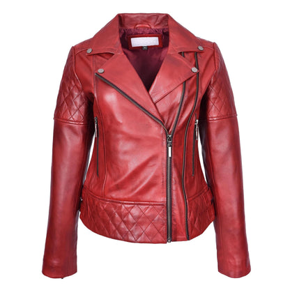 Women's Real Leather Jacket Multi Cross Zip Biker Style Fitted Quilted Nixi Burnish Red - genuine leather jacket in red with cross zip