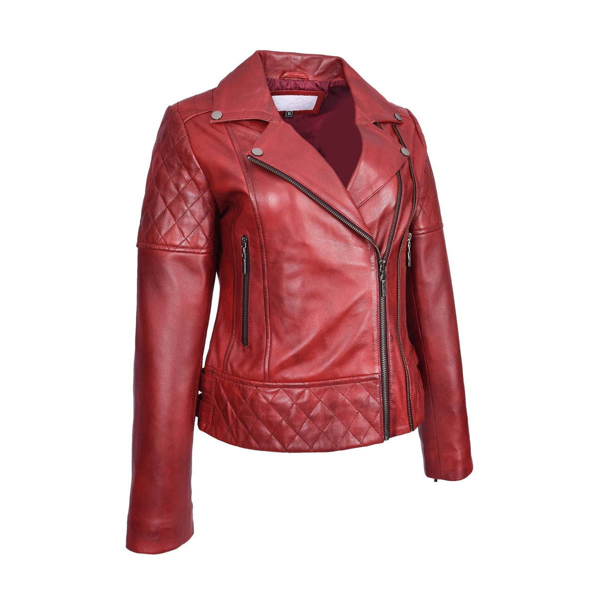 Women's Real Leather Jacket Multi Cross Zip Biker Style Fitted Quilted Nixi Burnish Red - genuine leather jacket in red with quilted