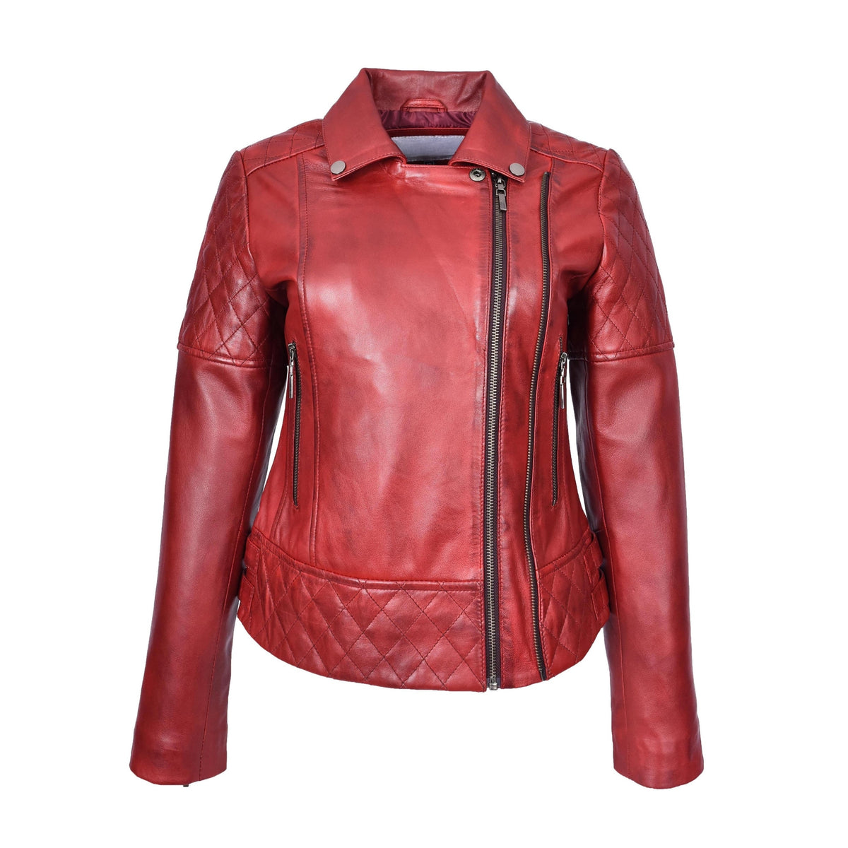 Women's Real Leather Jacket Multi Cross Zip Biker Style Fitted Quilted Nixi Burnish Red - genuine leather jacket in red with fitted