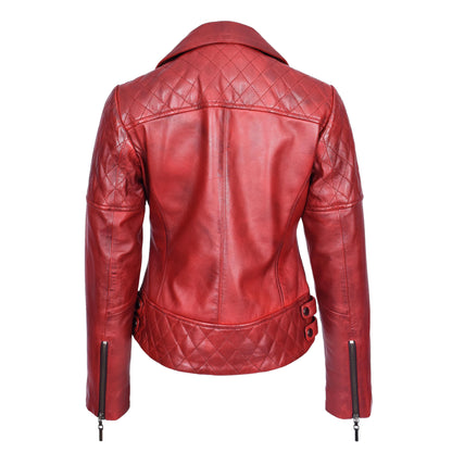 Women's Real Leather Jacket Multi Cross Zip Biker Style Fitted Quilted Nixi Burnish Red - genuine leather jacket in red with biker