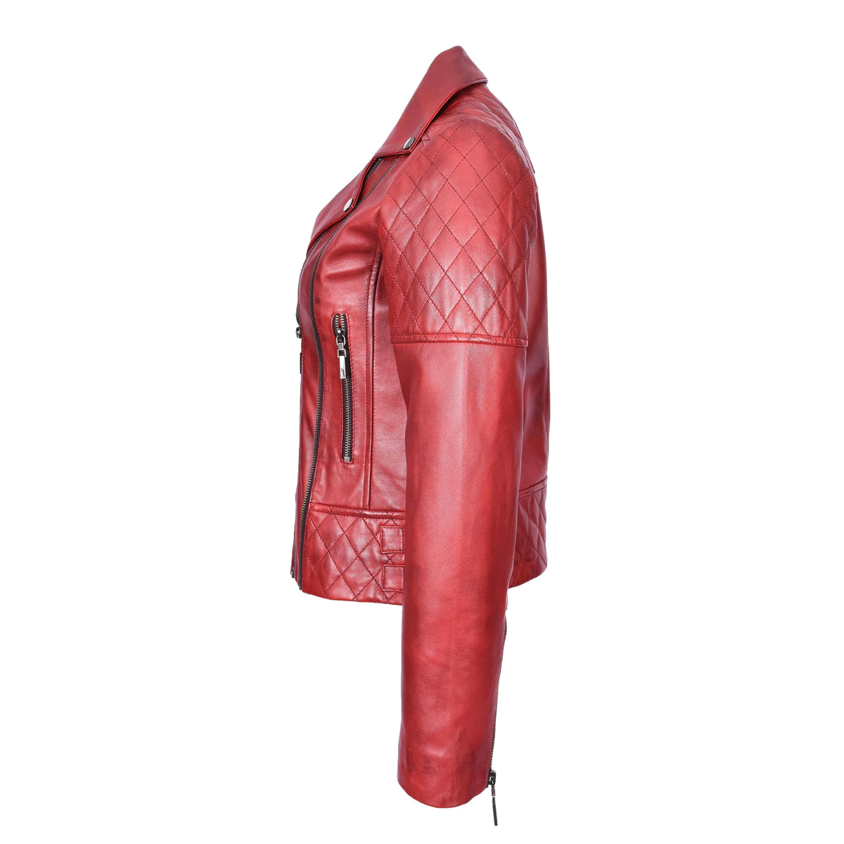 Women's Real Leather Jacket Multi Cross Zip Biker Style Fitted Quilted Nixi Burnish Red - genuine leather jacket in red with cross zip