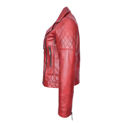 Women's Real Leather Jacket Multi Cross Zip Biker Style Fitted Quilted Nixi Burnish Red - genuine leather jacket in red with cross zip