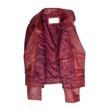 Women's Real Leather Jacket Multi Cross Zip Biker Style Fitted Quilted Nixi Burnish Red - genuine leather jacket in red with quilted
