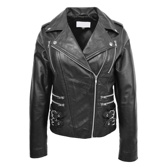 Womens Cross Zip Biker Leather Jacket Cara Black - genuine leather jacket in black with four outer pockets